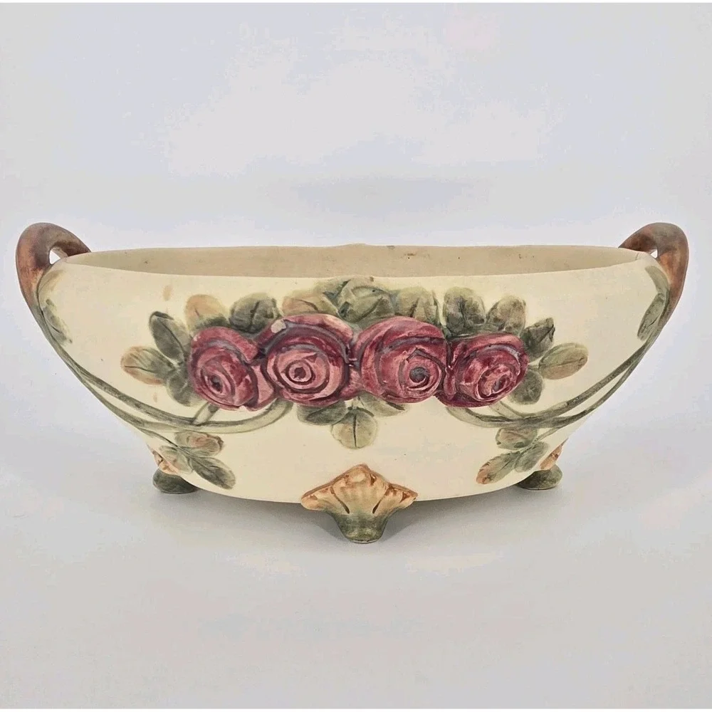 Antique Weller Roma Rose Pottery Oval Console Bowl Planter Applied Roses 11in OH